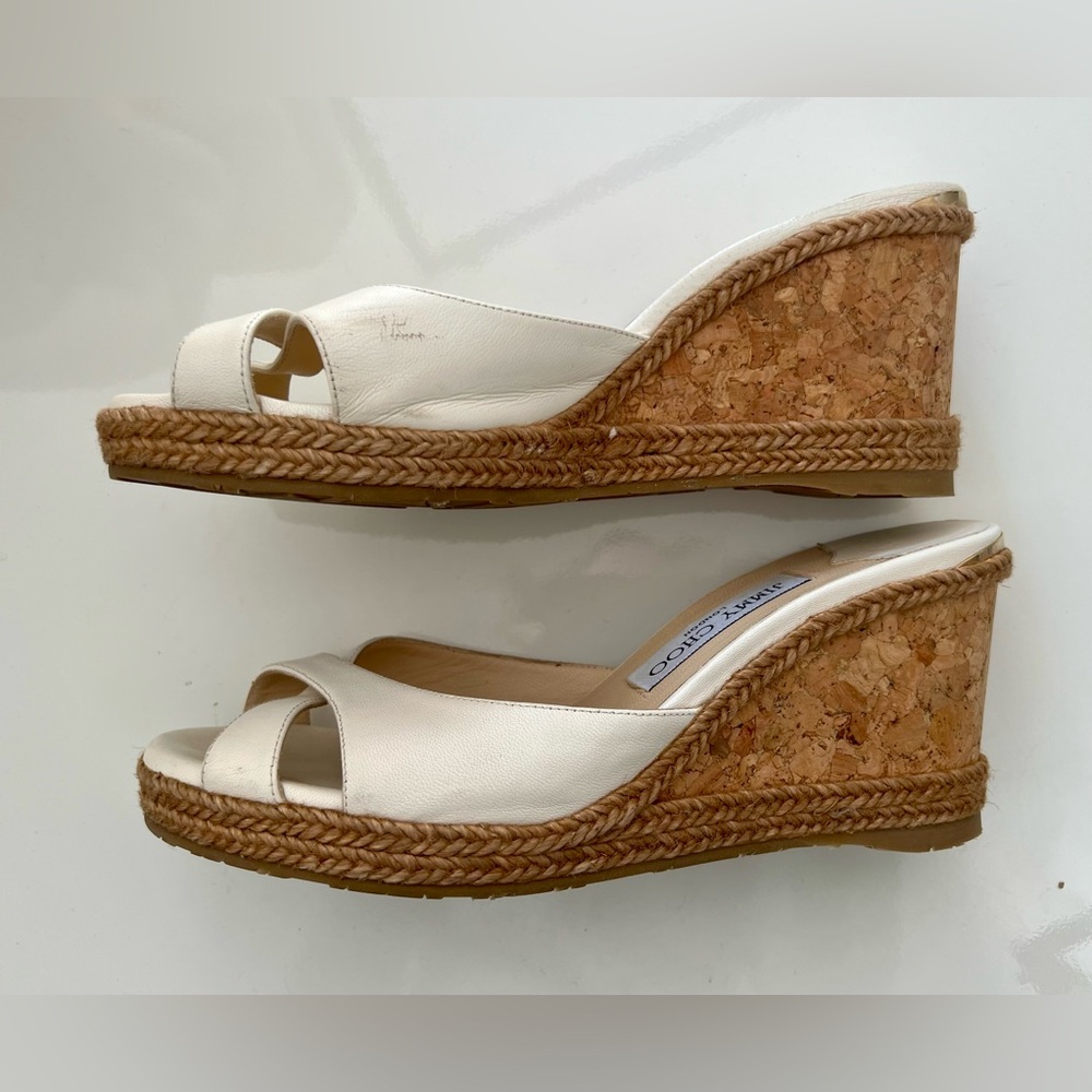 JIMMY CHOO Almer 105 Leather Wedge Mules White/ Cream Size 38.5 EUC - Picture 3 of 7